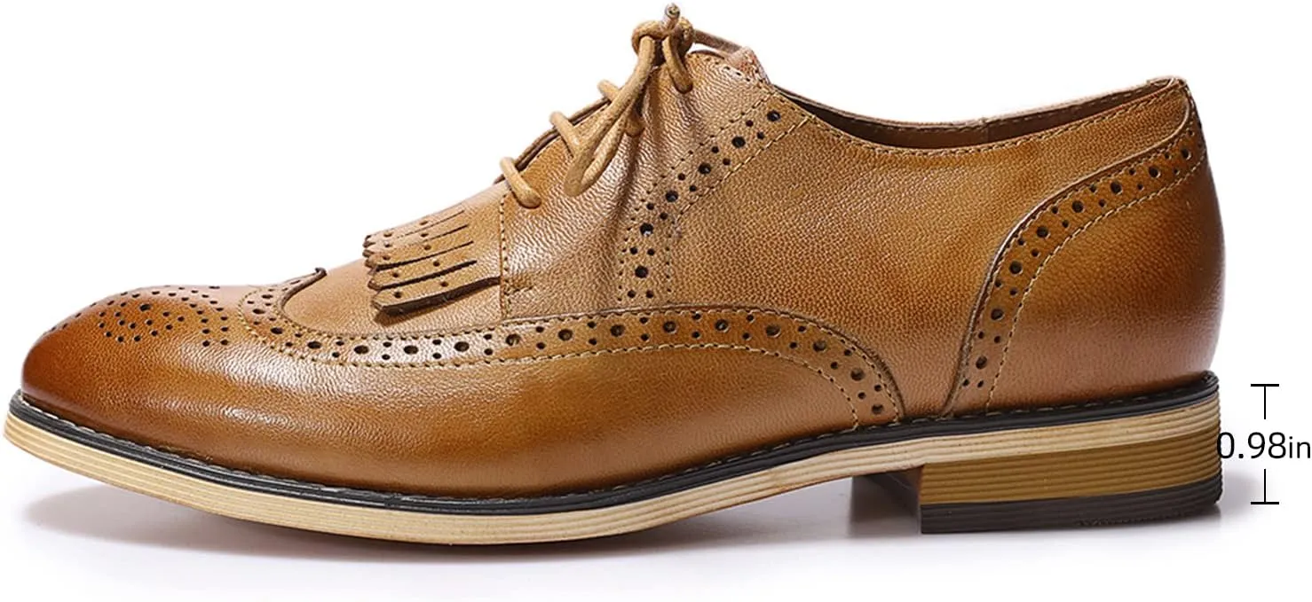Mona flying Women's Handcrafted Wingtip Oxfords Brogue Vintage Lace up Leather Shoes for Ladies