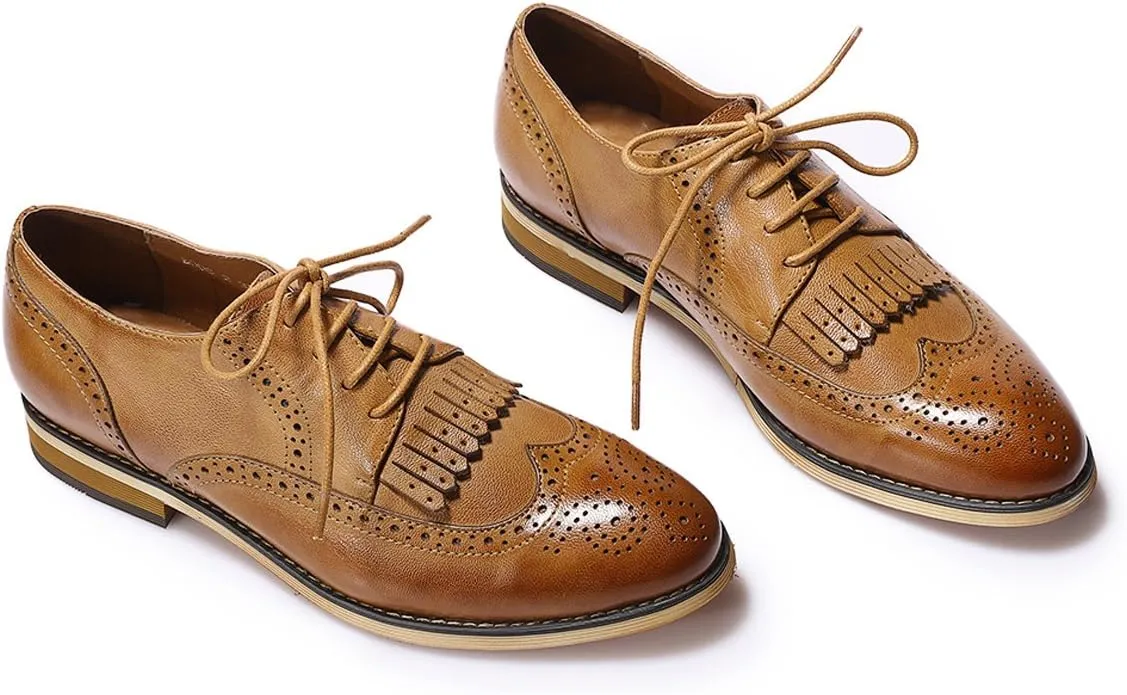 Mona flying Women's Handcrafted Wingtip Oxfords Brogue Vintage Lace up Leather Shoes for Ladies