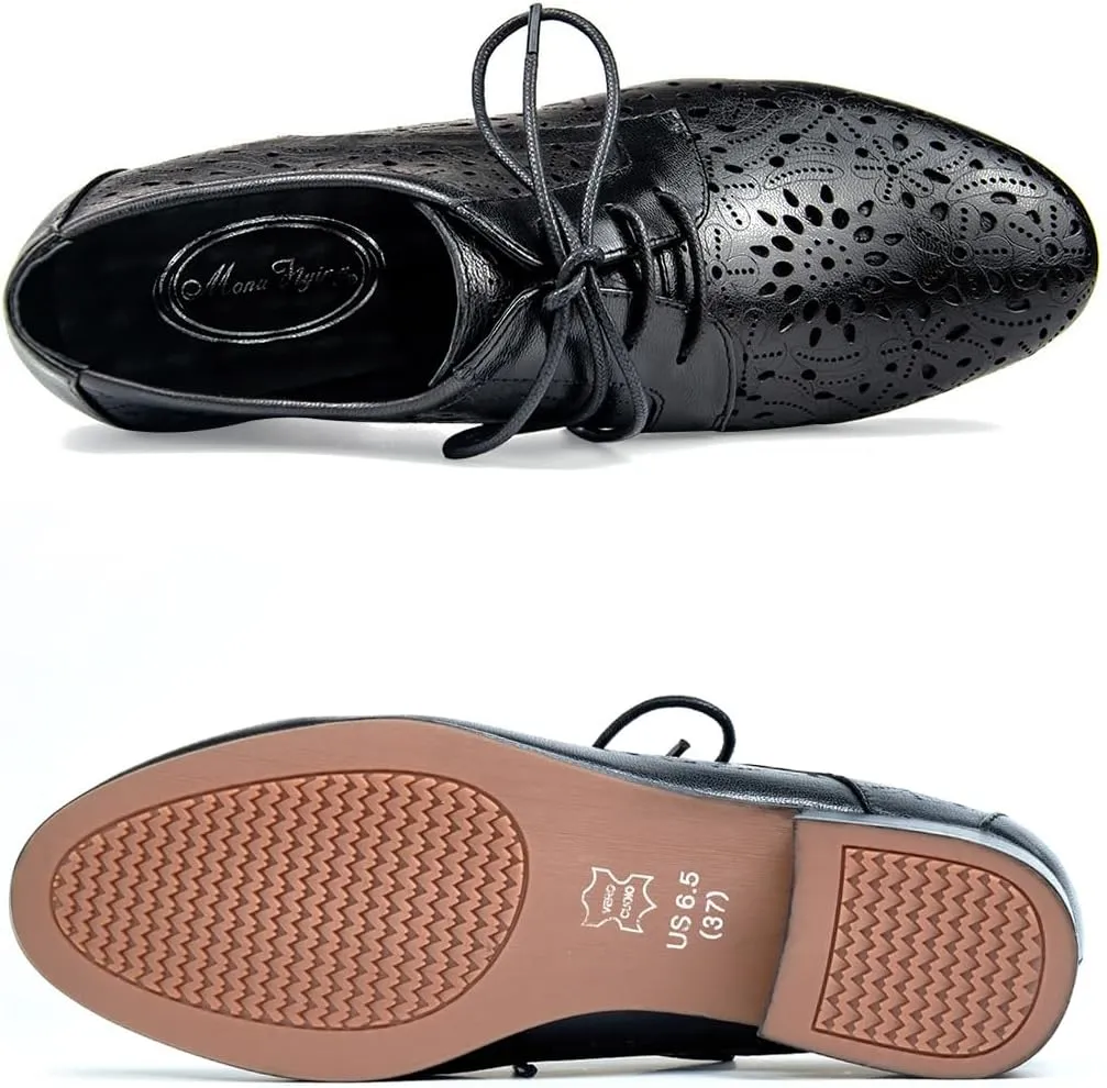 Mona flying Women's Leather Perforated Lace-up Oxfords Brogue Derby Shoes for Ladies