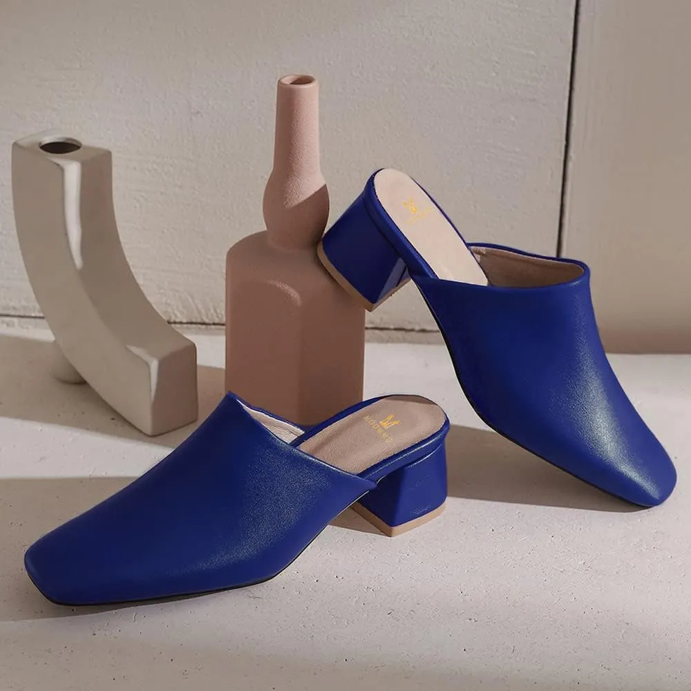 MOOMMO Women Chunky Heel Mules Closed Toe Square Toe Slip On Backless Pumps Mid Block Heel Office Casual Dress Shoes 5-17 US