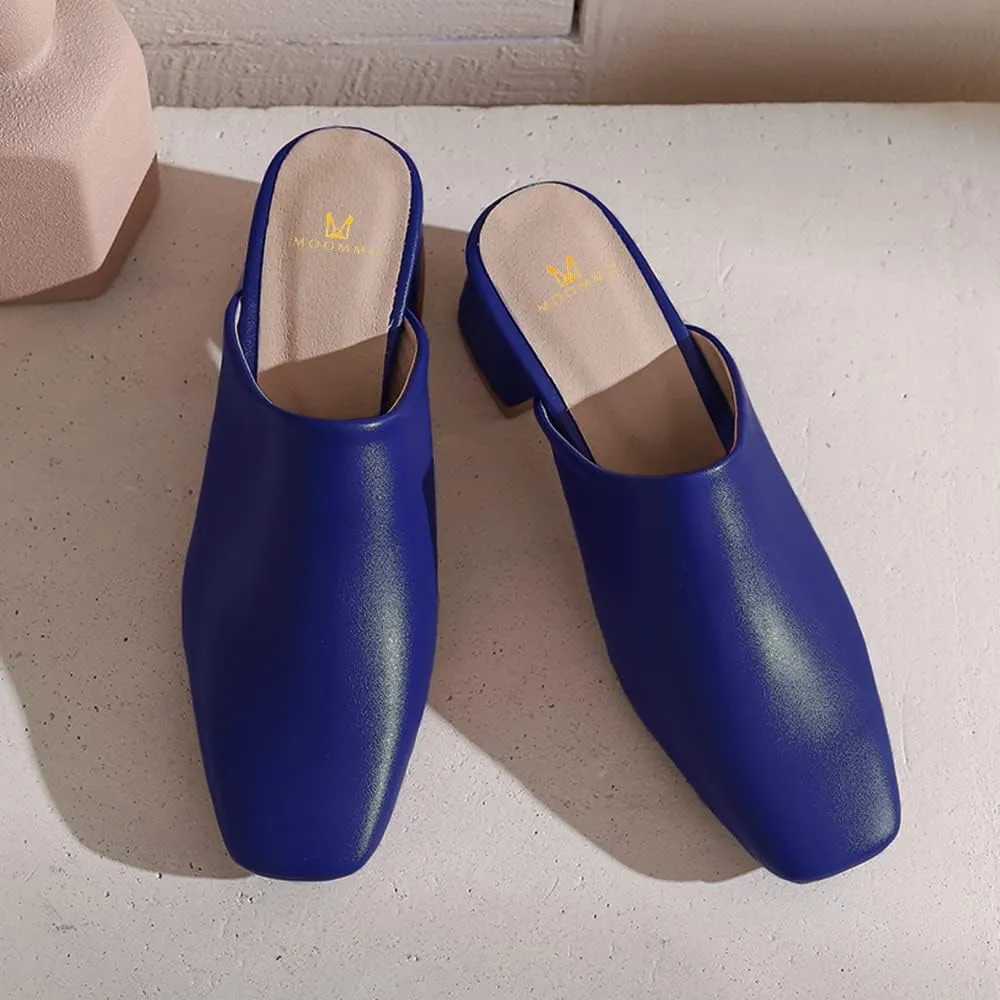 MOOMMO Women Chunky Heel Mules Closed Toe Square Toe Slip On Backless Pumps Mid Block Heel Office Casual Dress Shoes 5-17 US