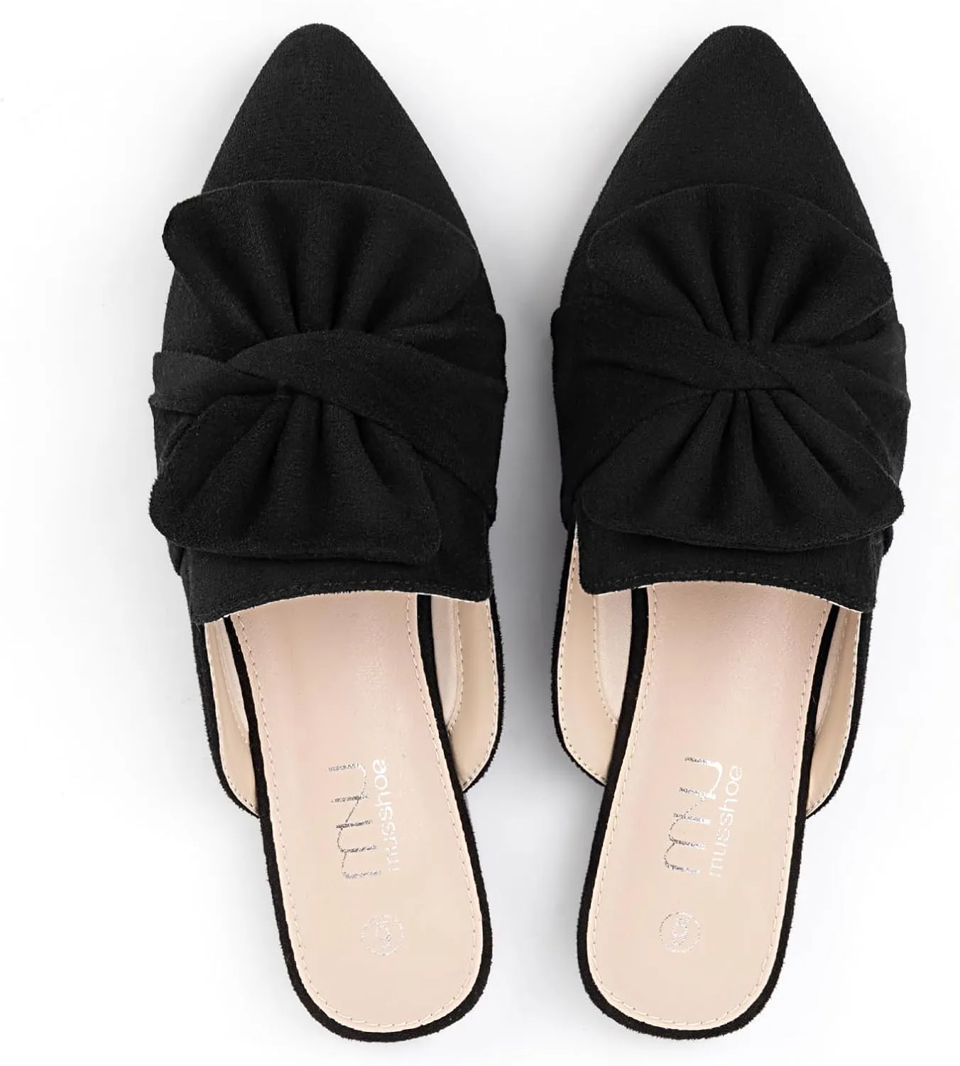 MUSSHOE Womens Mules Comfortable Pointed Toe Mules for Women Flats Backless Loafers with Bow Slip On