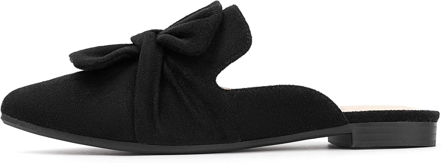 MUSSHOE Womens Mules Comfortable Pointed Toe Mules for Women Flats Backless Loafers with Bow Slip On