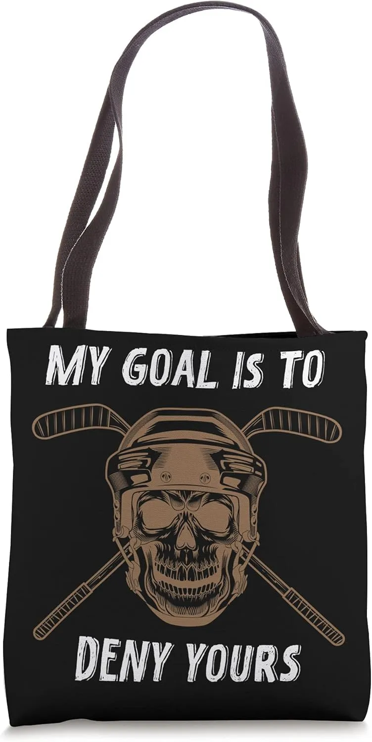 My Goal Is To Deny Yours Goal Keeper Skull Ice Hockey Tote Bag