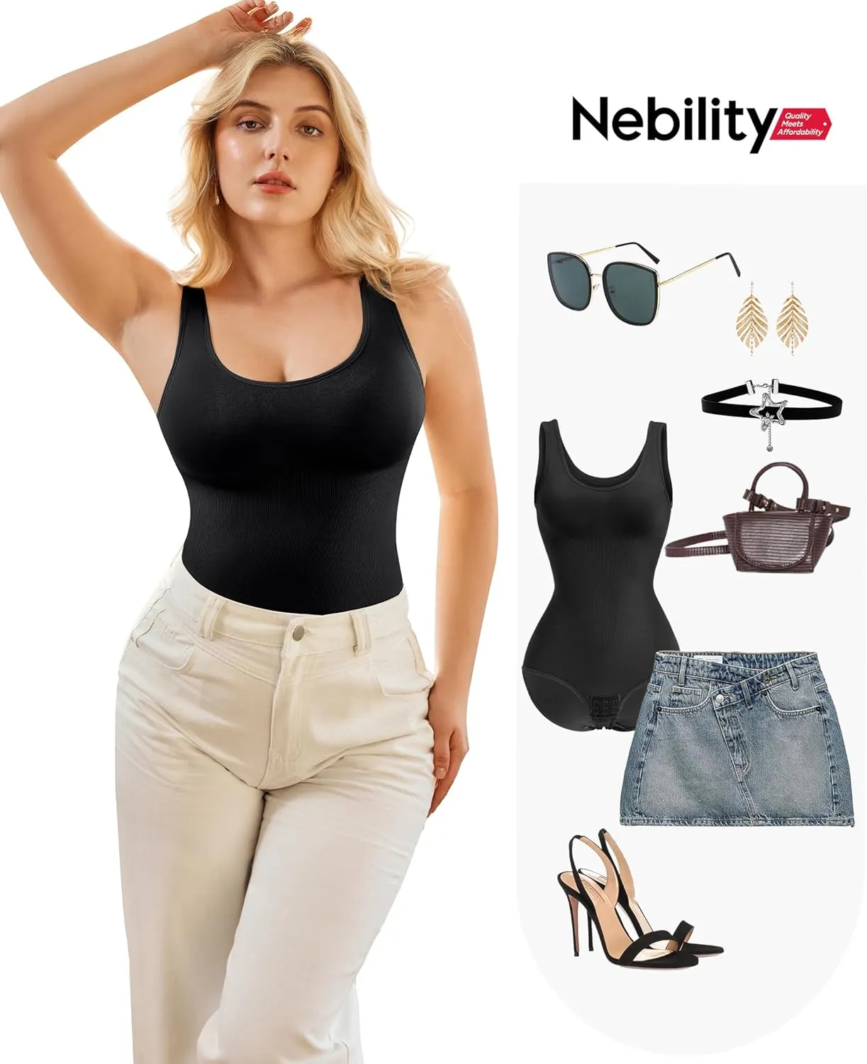 Nebility Bodysuit Shapewear for Women Tummy Control Body Shaper Faja Waist Trainer Seamless Body Suit Going Out Tops