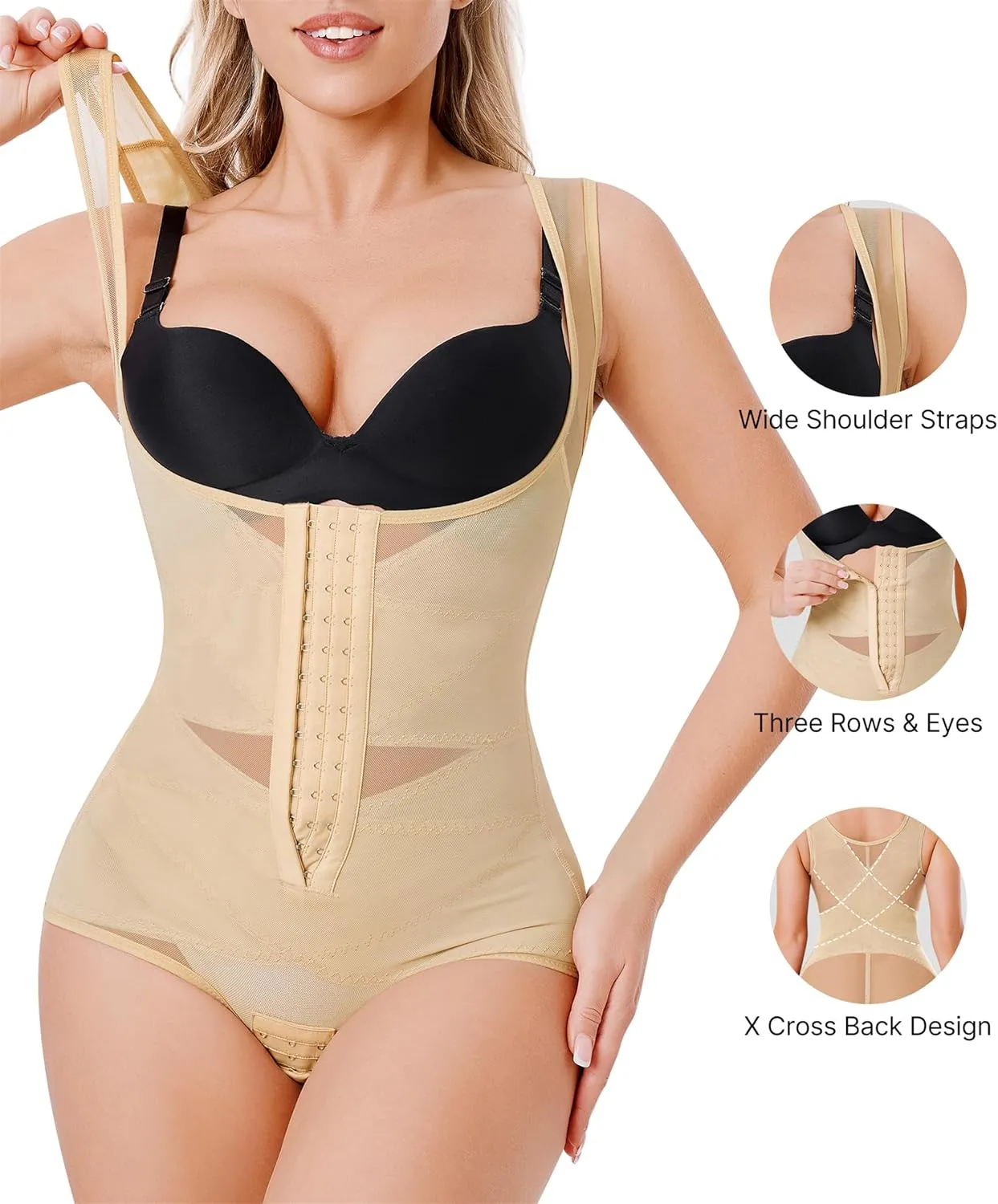 Nebility Women's Shapewear Bodysuit Tummy Control Faja Body Shaper Butt Lifter Open Bust Waist Trainer Compression Bodysuit