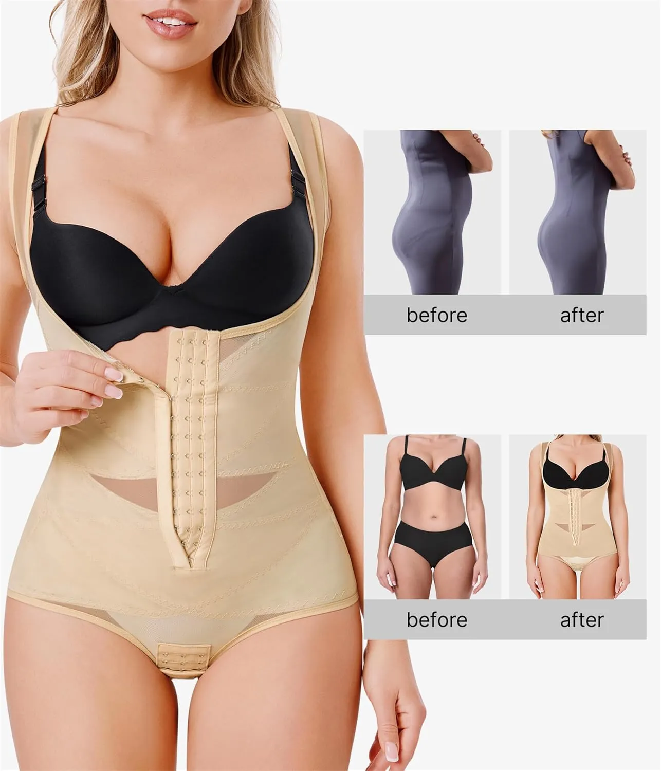 Nebility Women's Shapewear Bodysuit Tummy Control Faja Body Shaper Butt Lifter Open Bust Waist Trainer Compression Bodysuit