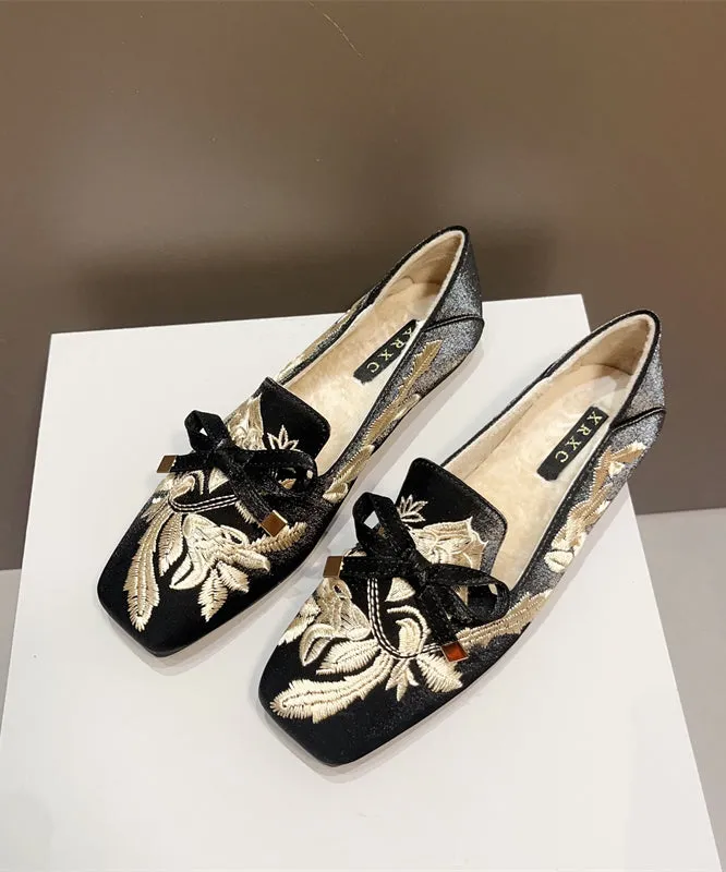 New Retro Black Embroidered Flat Feet Shoes Fuzzy Wool Lined