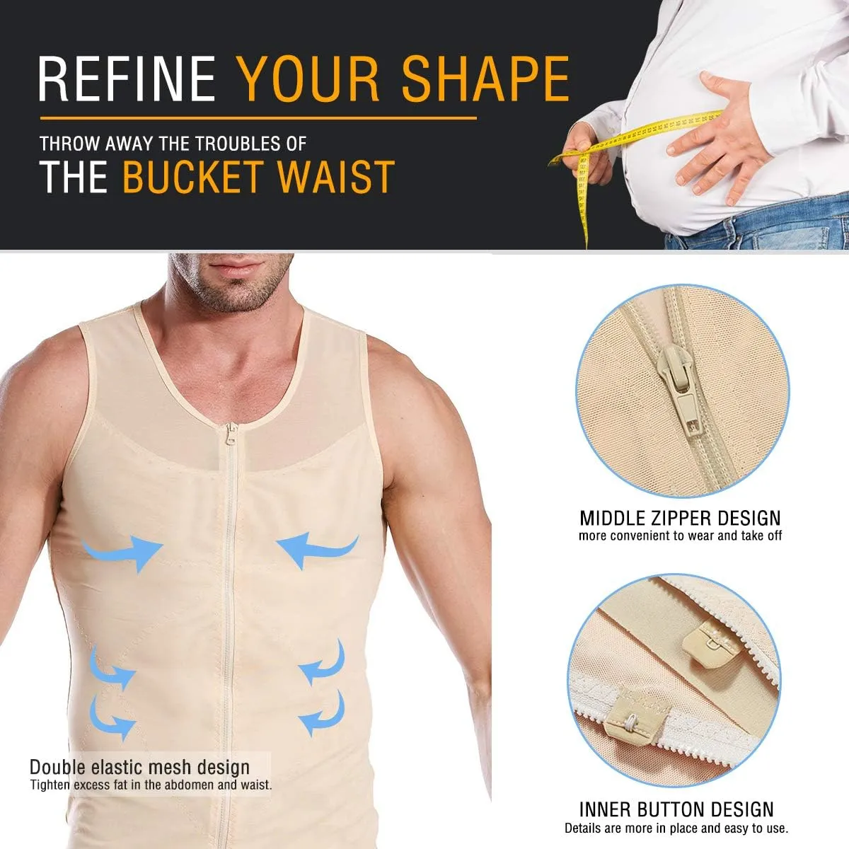 NonEcho Men Shapewear Compression Shirts Undershirts Slimming Body Shaper Waist Trainer Tank Top Vest with Zipper