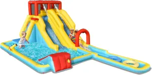OLAKIDS Inflatable Water Slide, 7 in 1 Bounce House with 2 Slides, Climbing Wall, Splash Pool, Basketball Rim, Water Gun, Outdoor Water Park with Carrying Bag, Repairing Kit, Hose (with Air Blower)