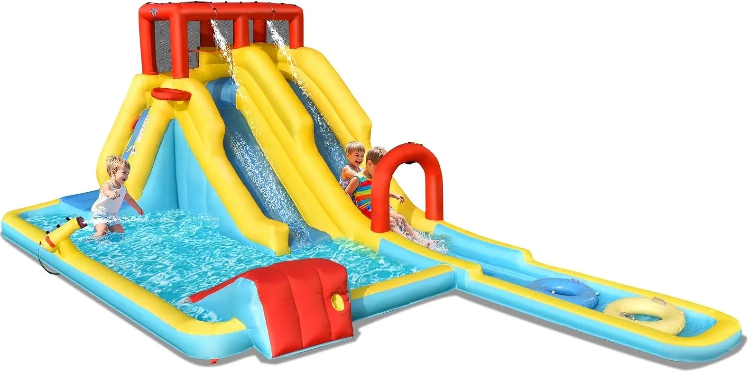 OLAKIDS Inflatable Water Slide, 7 in 1 Bounce House with 2 Slides, Climbing Wall, Splash Pool, Basketball Rim, Water Gun, Outdoor Water Park with Carrying Bag, Repairing Kit, Hose (with Air Blower)