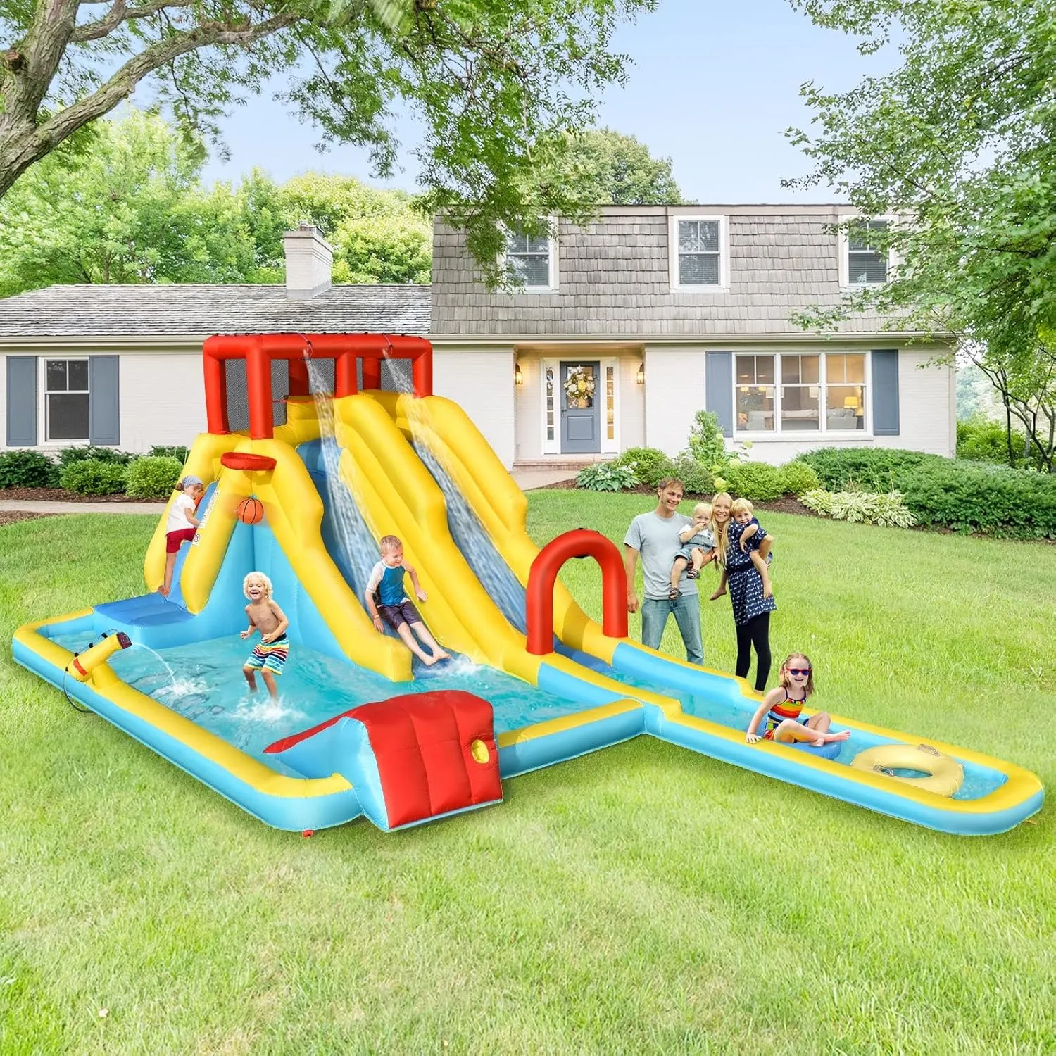 OLAKIDS Inflatable Water Slide, 7 in 1 Bounce House with 2 Slides, Climbing Wall, Splash Pool, Basketball Rim, Water Gun, Outdoor Water Park with Carrying Bag, Repairing Kit, Hose (with Air Blower)