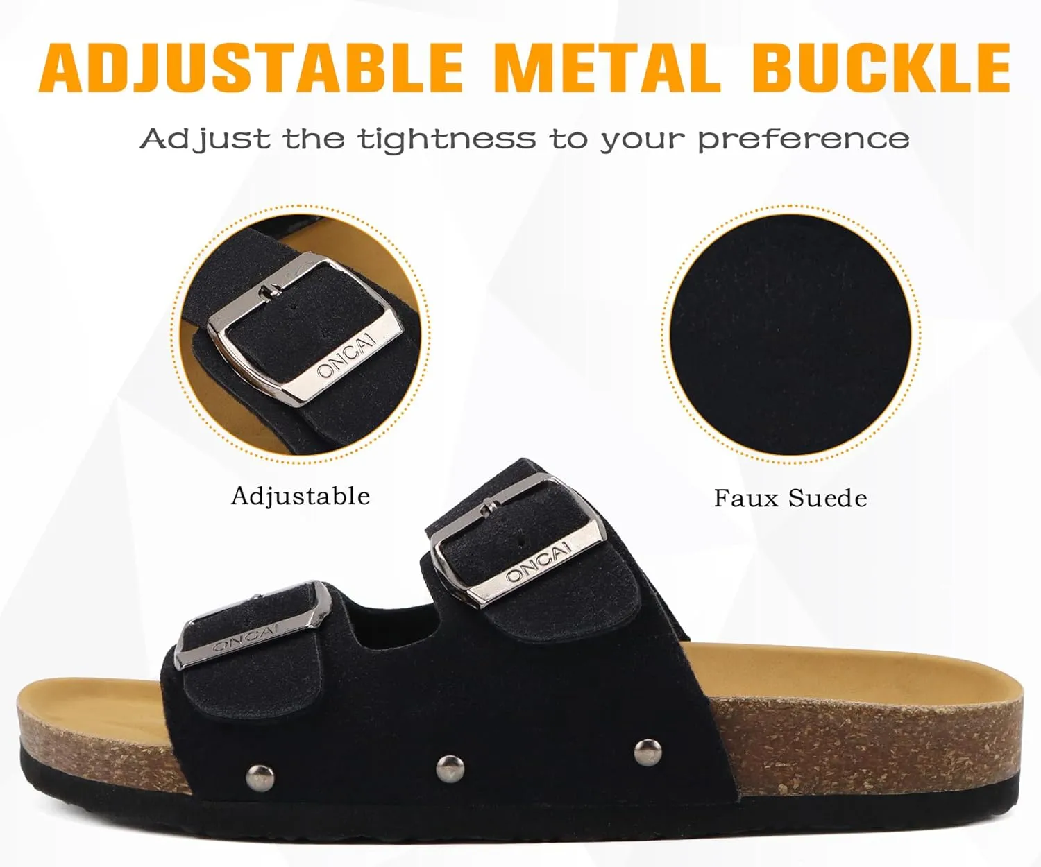 ONCAI Womens Flat Slide Sandals with Arch Support 2 Strap Adjustable Buckle Slip on Slides Shoes Non Slip Rubber Sole