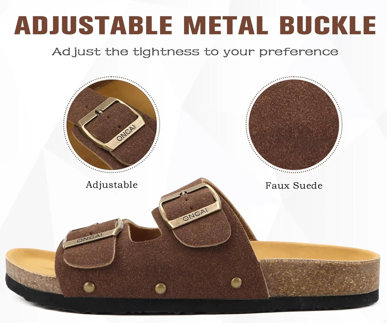ONCAI Womens Flat Slide Sandals with Arch Support 2 Strap Adjustable Buckle Slip on Slides Shoes Non Slip Rubber Sole