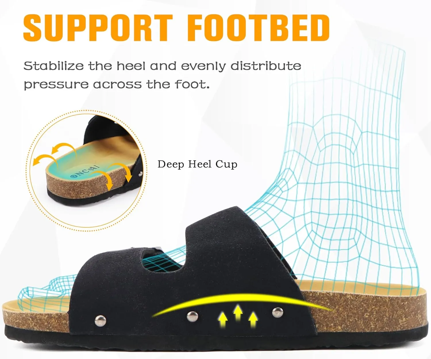 ONCAI Womens Flat Slide Sandals with Arch Support 2 Strap Adjustable Buckle Slip on Slides Shoes Non Slip Rubber Sole