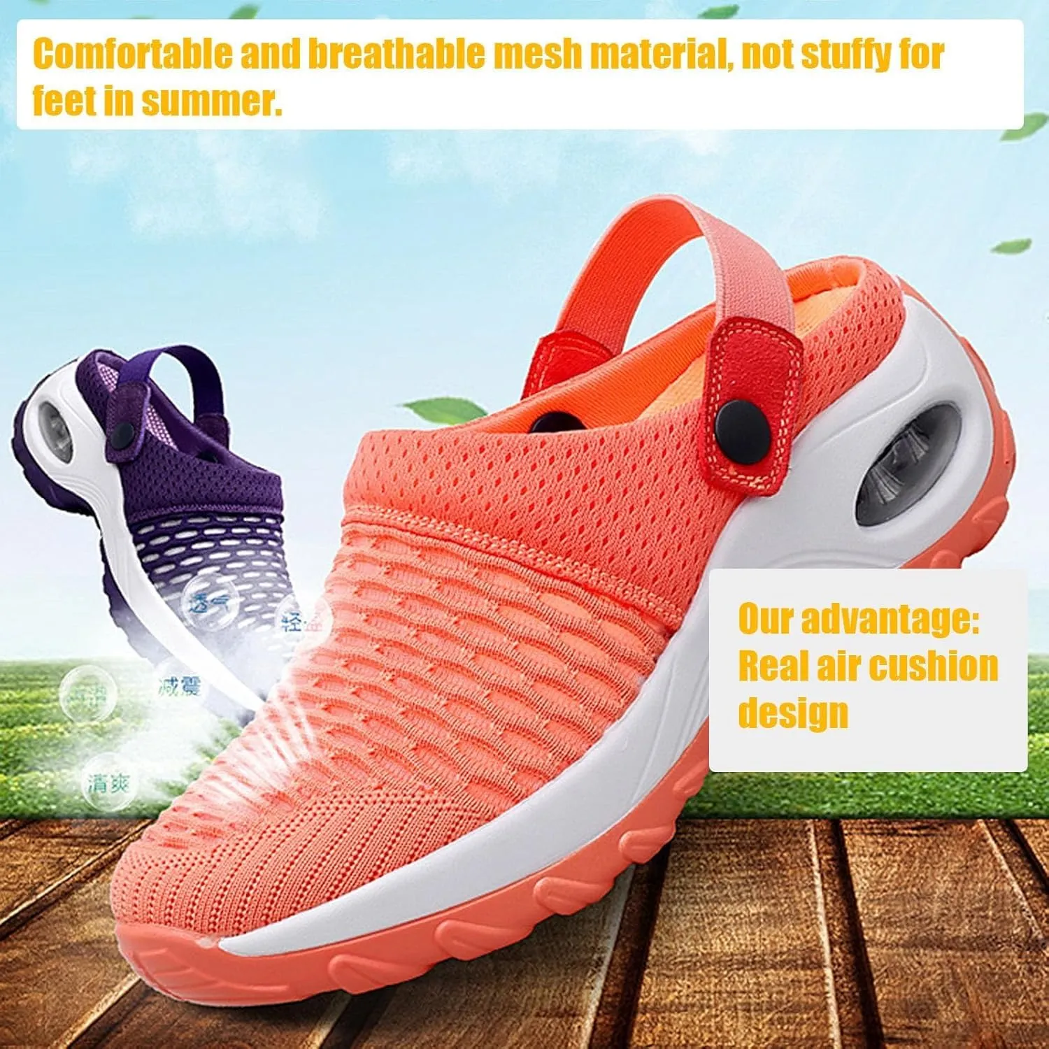 Orthopedic Slippers for Women Summer Air Cushion Platform Mesh Mules Arch Support Walking Sandals, Ankle Strap Slip on Sneakers Diabetic Plantar Fasciitis Walking Shoes