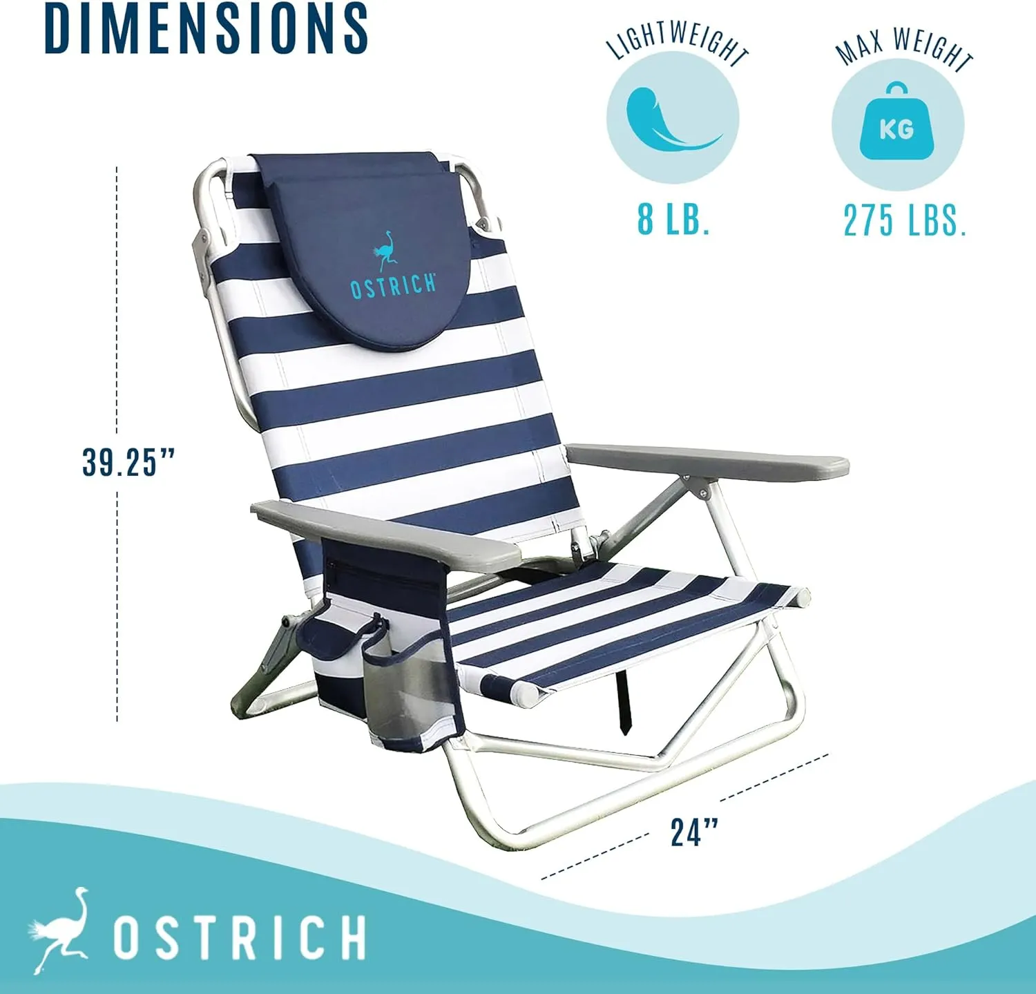 Ostrich On-Your-Back Sand Chair, Beach Reclining Lawn Chair w/Backpack Straps, Outdoor Furniture for Pool, Camping, or Backyard, Blue Stripe