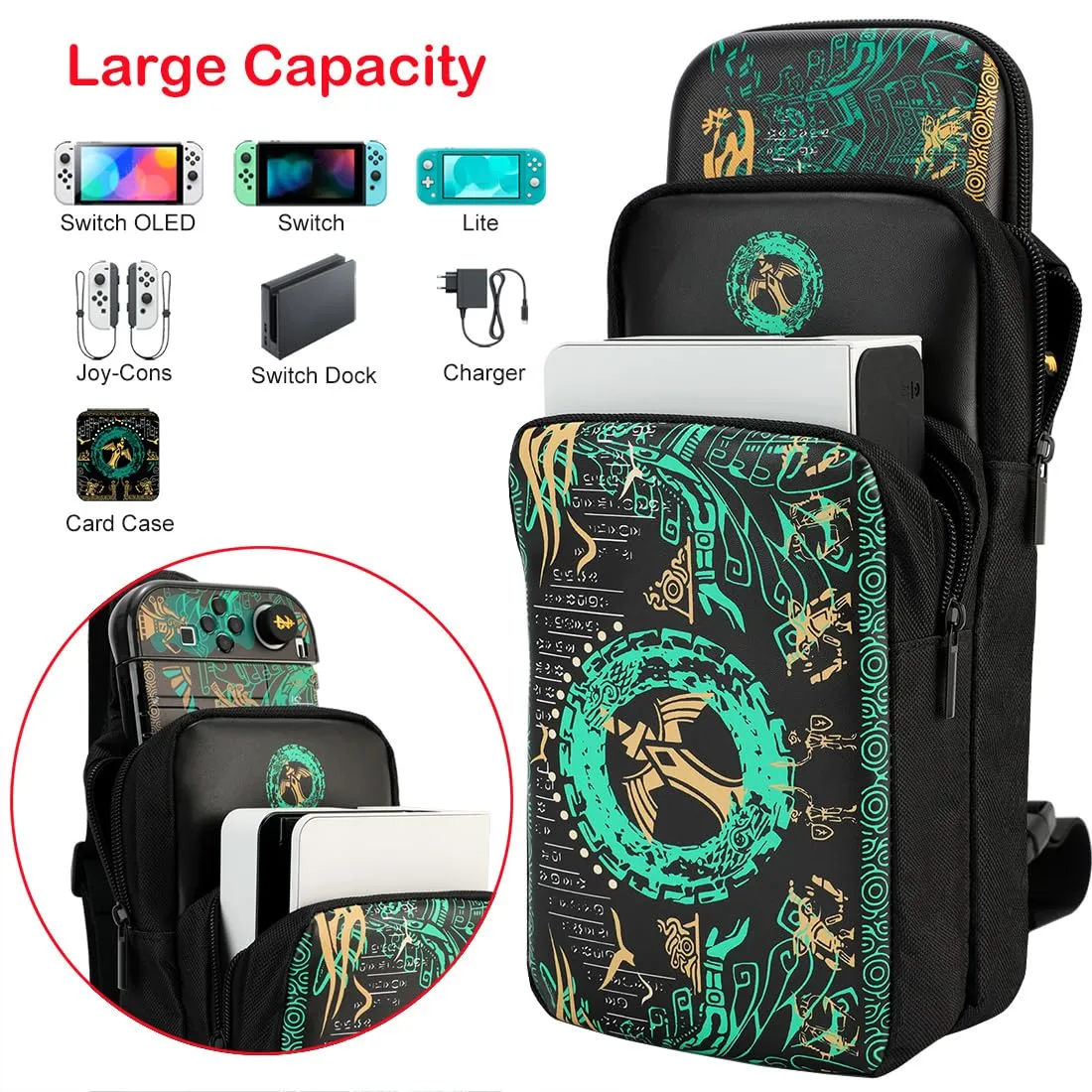 Owngen Travel Bag for Nintendo Switch/Lite/OLED, for Zelda Tears of the Kingdom Portable Sling Shoulder Crossbody Carrying Storage Accessories Backpack with Cute Game Card Case, 4 Thumb Grip Caps