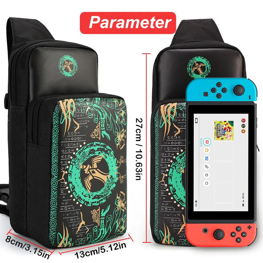 Owngen Travel Bag for Nintendo Switch/Lite/OLED, for Zelda Tears of the Kingdom Portable Sling Shoulder Crossbody Carrying Storage Accessories Backpack with Cute Game Card Case, 4 Thumb Grip Caps