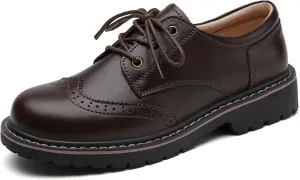 Oxford Shoes for Women,Perforated Lace-up Round Toe Leather Low Heel Brogues Shoe for Girls Ladies Women