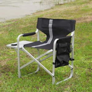 Padded Folding Outdoor Chair with Side Table and Storage Pockets,Lightweight Oversized Directors Chair for Indoor, Outdoor Camping, Picnics and Fishing,Black/Grey (Black  Gray   Aluminum)
