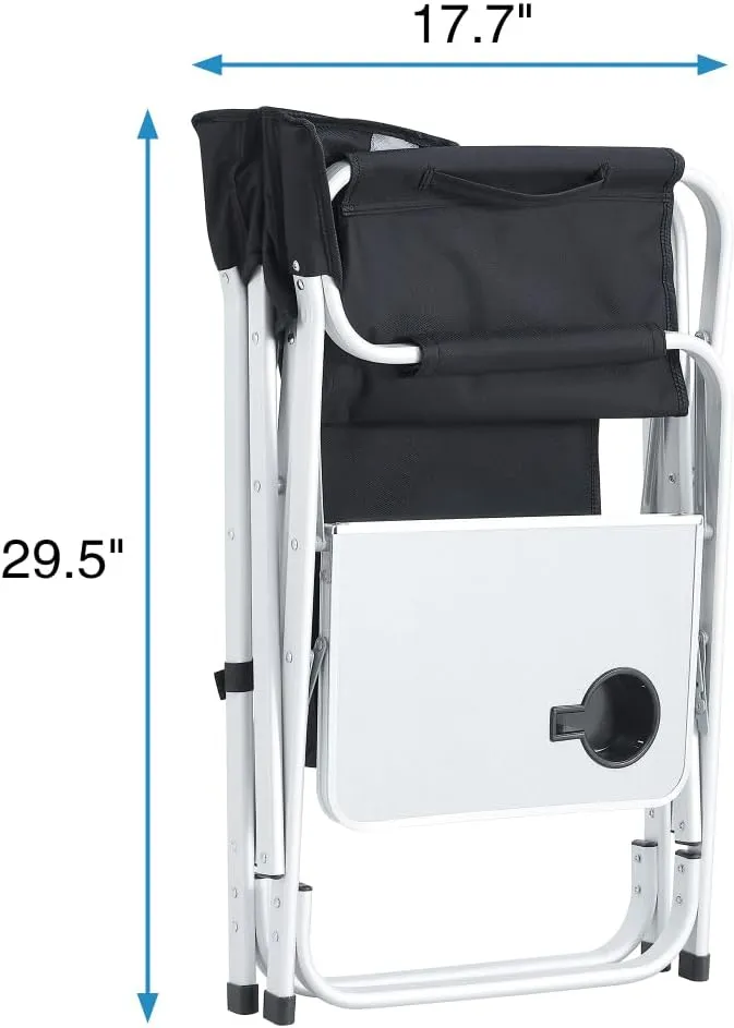 Padded Folding Outdoor Chair with Side Table and Storage Pockets,Lightweight Oversized Directors Chair for Indoor, Outdoor Camping, Picnics and Fishing,Black/Grey (Black  Gray   Aluminum)