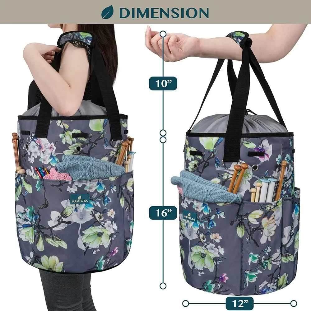 PAVILIA Crochet Bag Knitting Bag Organizer, Yarn Bag Storage Tote for Crocheting On The Go, Knitting Accessories Supplies Holder with Grommets, Gift for Crochet Lovers Knitters (Floral Gray)