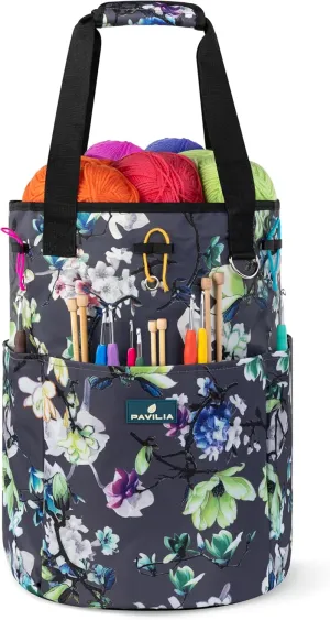 PAVILIA Crochet Bag Knitting Bag Organizer, Yarn Bag Storage Tote for Crocheting On The Go, Knitting Accessories Supplies Holder with Grommets, Gift for Crochet Lovers Knitters (Floral Gray)