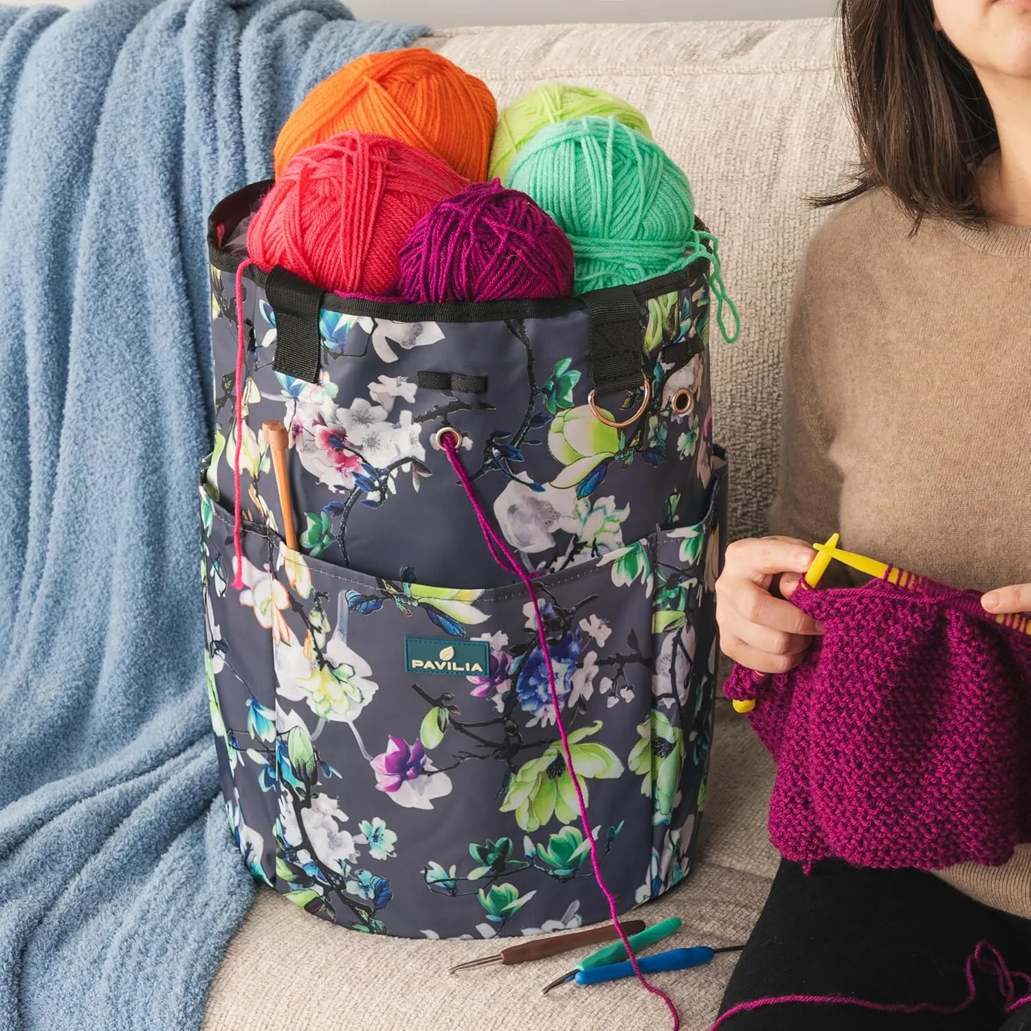 PAVILIA Crochet Bag Knitting Bag Organizer, Yarn Bag Storage Tote for Crocheting On The Go, Knitting Accessories Supplies Holder with Grommets, Gift for Crochet Lovers Knitters (Floral Gray)