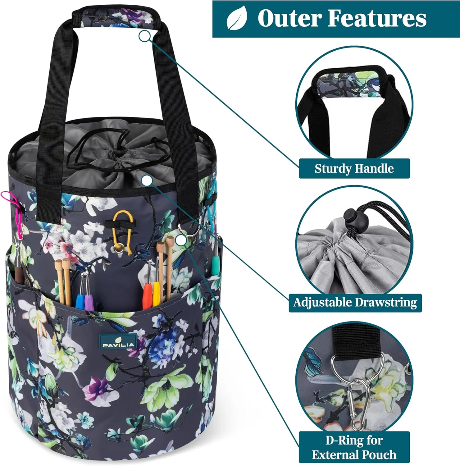 PAVILIA Crochet Bag Knitting Bag Organizer, Yarn Bag Storage Tote for Crocheting On The Go, Knitting Accessories Supplies Holder with Grommets, Gift for Crochet Lovers Knitters (Floral Gray)