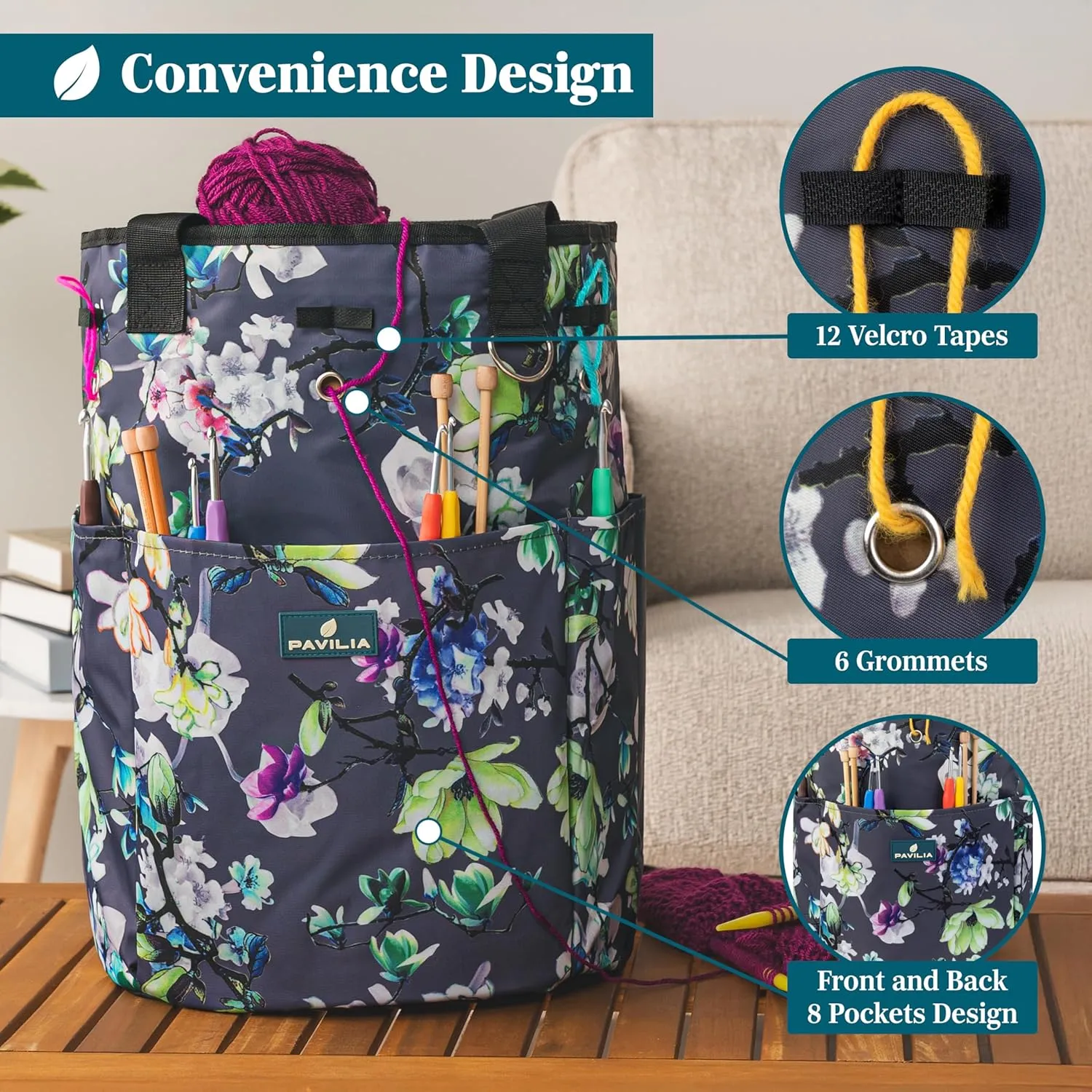PAVILIA Crochet Bag Knitting Bag Organizer, Yarn Bag Storage Tote for Crocheting On The Go, Knitting Accessories Supplies Holder with Grommets, Gift for Crochet Lovers Knitters (Floral Gray)