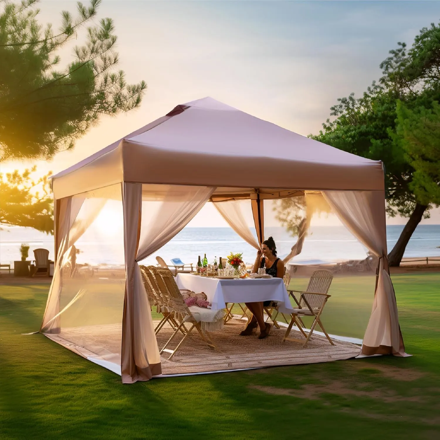 PHI VILLA 10' x 10' Pop Up Canopy Tent with Netting, Instant Gazebo, Ez up Screen House Room with Carry Bag, Height Adjustable, for Outdoor, Garden, Patio