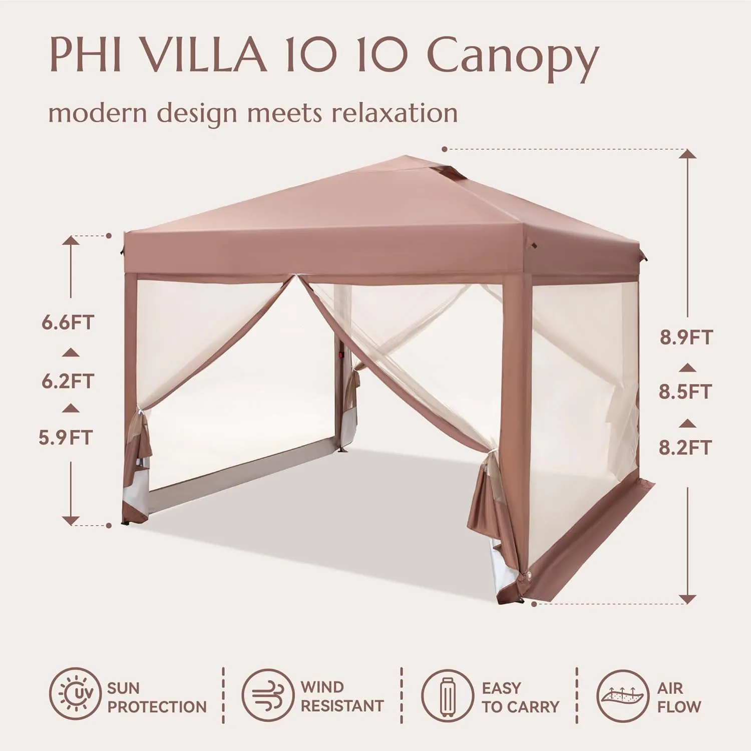 PHI VILLA 10' x 10' Pop Up Canopy Tent with Netting, Instant Gazebo, Ez up Screen House Room with Carry Bag, Height Adjustable, for Outdoor, Garden, Patio
