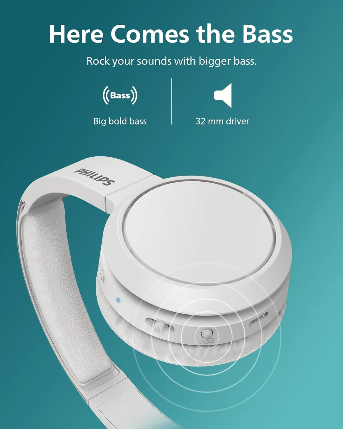 PHILIPS H4205 On-Ear Wireless Headphones with 32mm Drivers & BASS Boost on-Demand, White