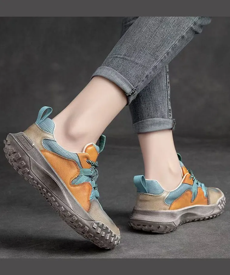 Platform Up Shoes Leather Flat Casual Splicing Blue Lace Cowhide