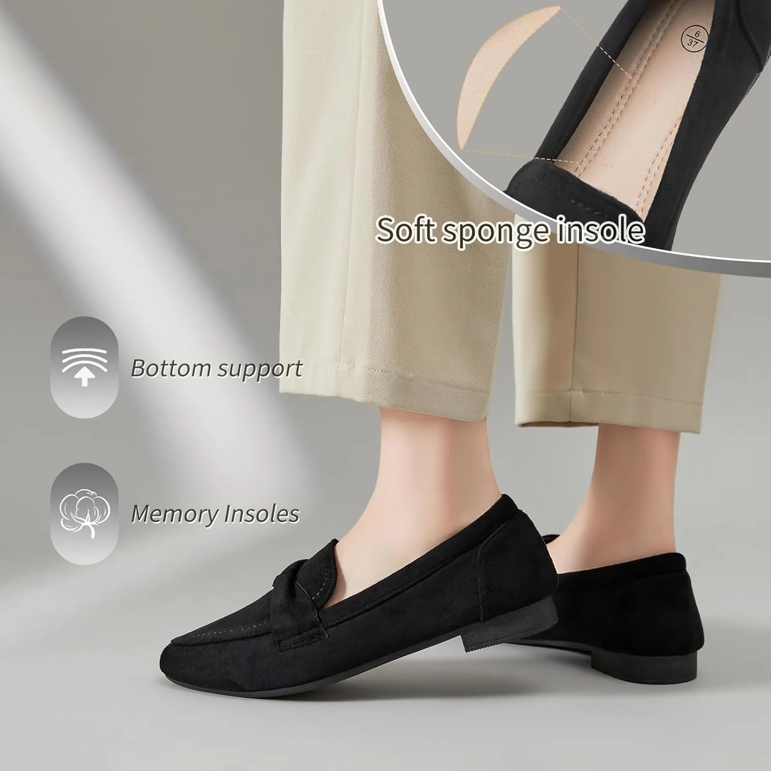 POVOGER Loafers for Women Slip on Shoes Black Flats Shoes Comfortable Work Shoes for Women Square Toe Ballets Flats