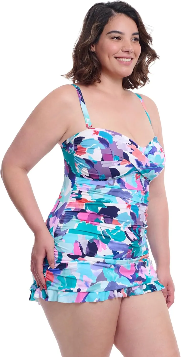 Profile by Gottex Holi Plus Size Abstract Floral Print Women’s Bathing Swim One Piece Bandeau Swimdress - Swim Essential