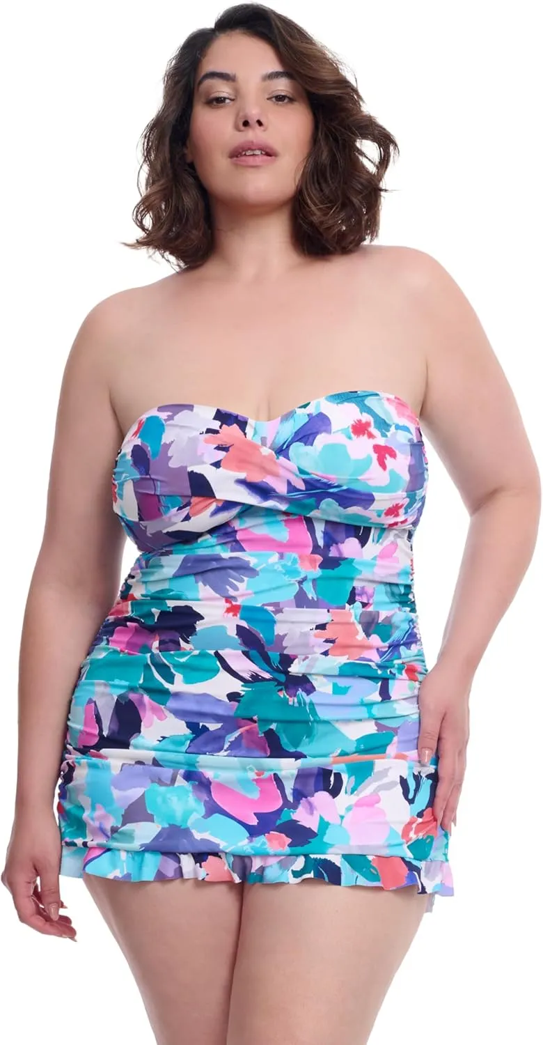 Profile by Gottex Holi Plus Size Abstract Floral Print Women’s Bathing Swim One Piece Bandeau Swimdress - Swim Essential
