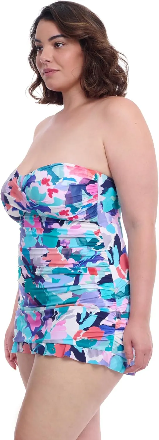 Profile by Gottex Holi Plus Size Abstract Floral Print Women’s Bathing Swim One Piece Bandeau Swimdress - Swim Essential