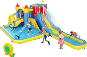 Qaba Inflatable Water Slide Park, Kids Bounce House 6 in 1 with 550W Blower, Splash Pools, 2 Slides, Trampoline, Climbing Wall, Cannon, Basketball Hoop, for Backyard, Party