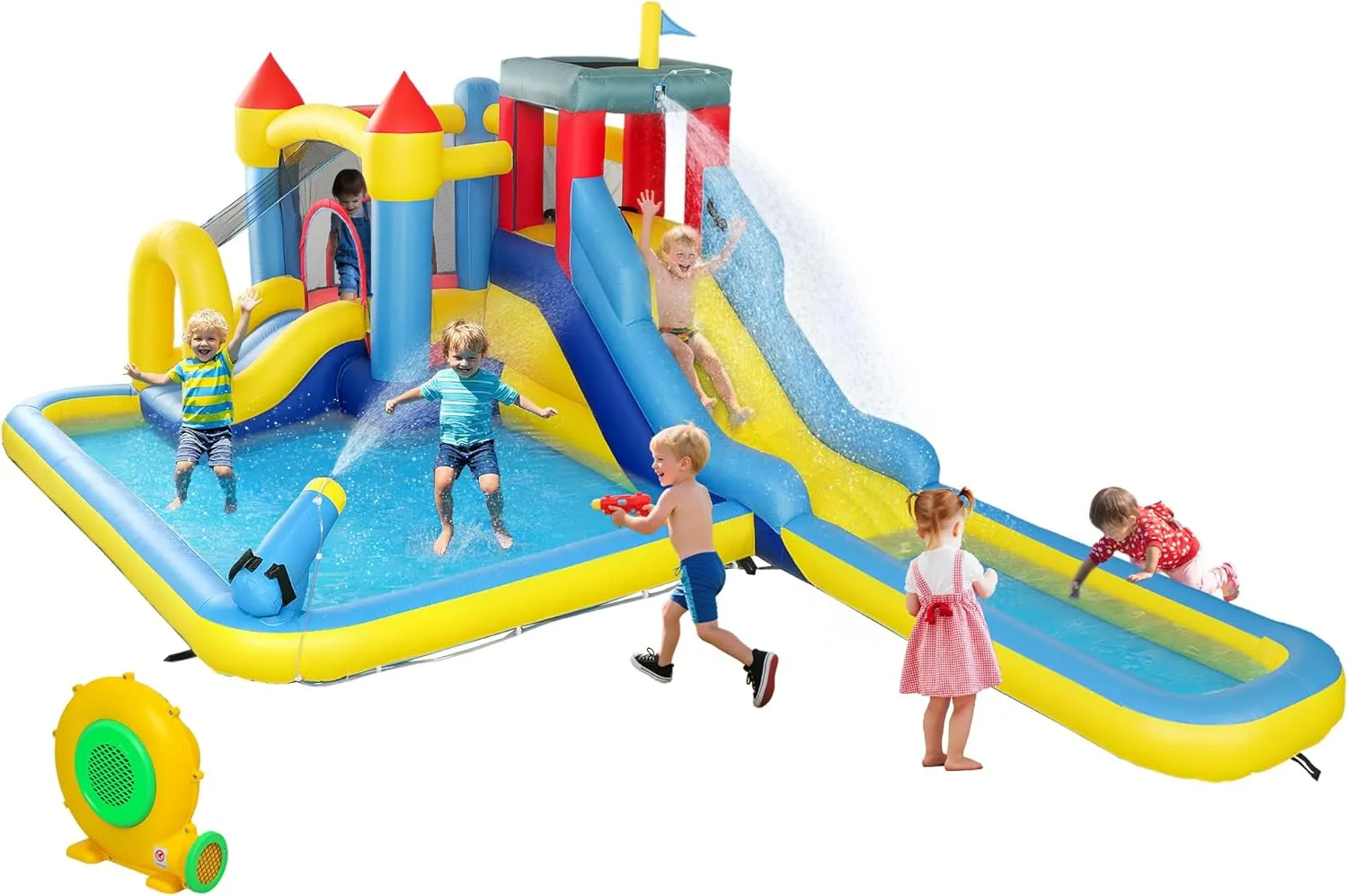 Qaba Inflatable Water Slide Park, Kids Bounce House 6 in 1 with 550W Blower, Splash Pools, 2 Slides, Trampoline, Climbing Wall, Cannon, Basketball Hoop, for Backyard, Party