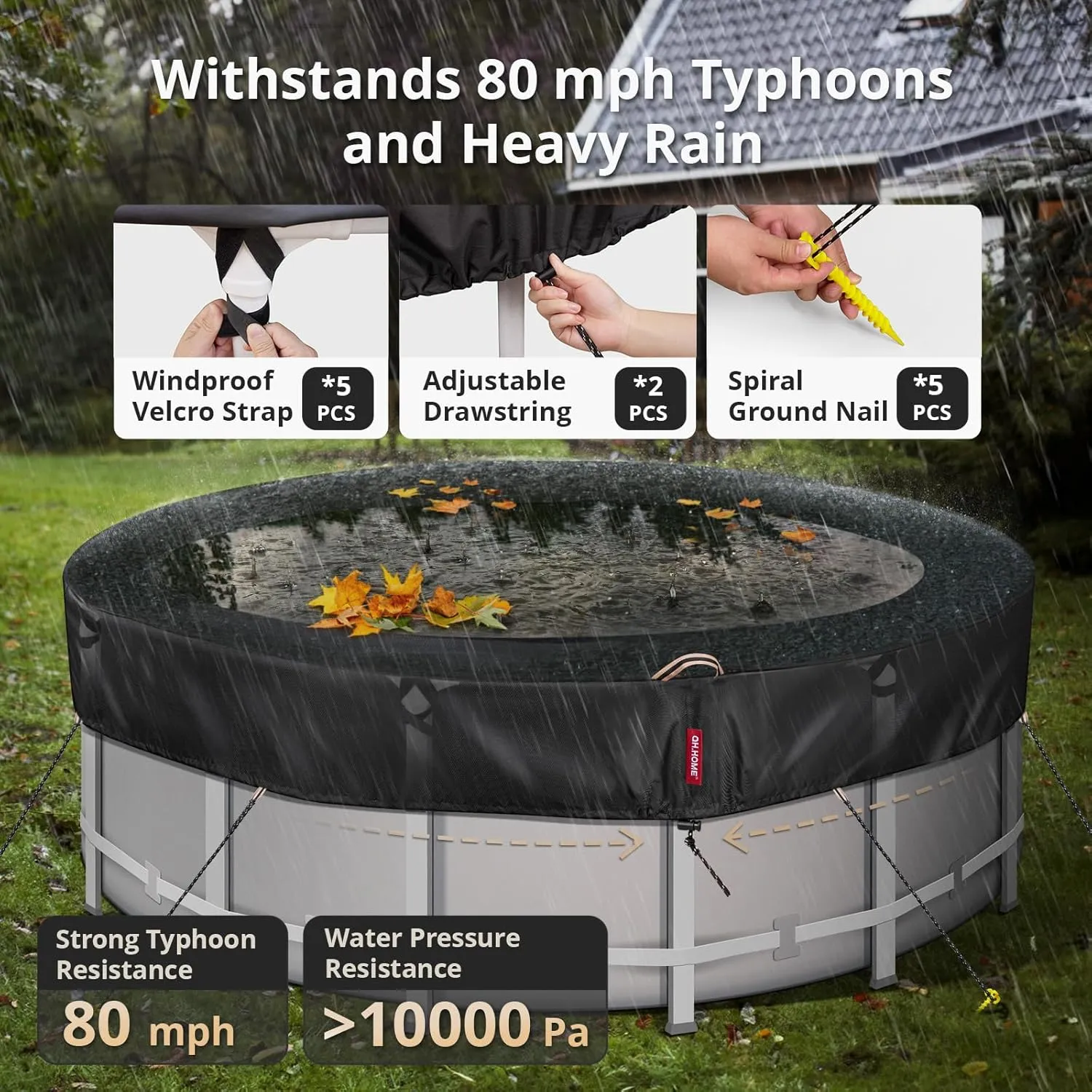 QH.HOME 10 Ft Round Winter Pool Covers for Above Ground Pools - [634N Strong Tear Resistant & 500D Upgrade Extra Dense Fabric] Solar Swimming Pool Cover with Fade Resistant, Windproof - Black