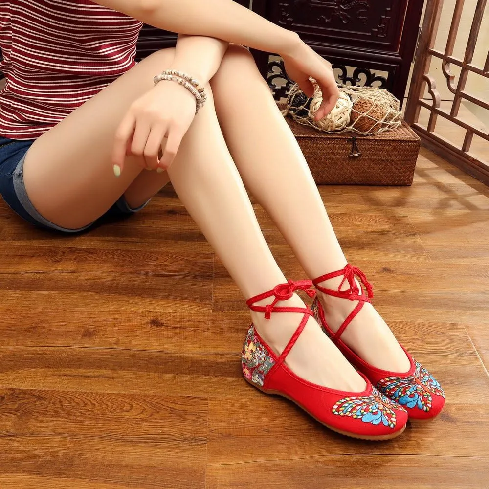Qhome Women's Fashion Butterfly Embroidery Canvas Shoes Round-Toe Oxford Sole Mary Janes Flats