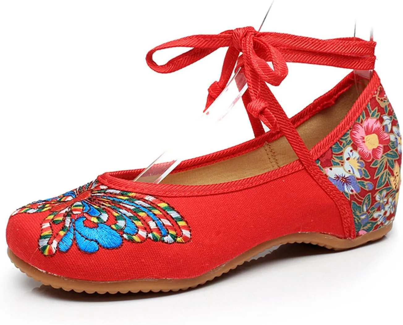 Qhome Women's Fashion Butterfly Embroidery Canvas Shoes Round-Toe Oxford Sole Mary Janes Flats