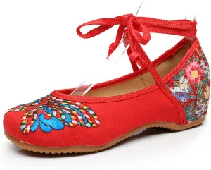 Qhome Women's Fashion Butterfly Embroidery Canvas Shoes Round-Toe Oxford Sole Mary Janes Flats