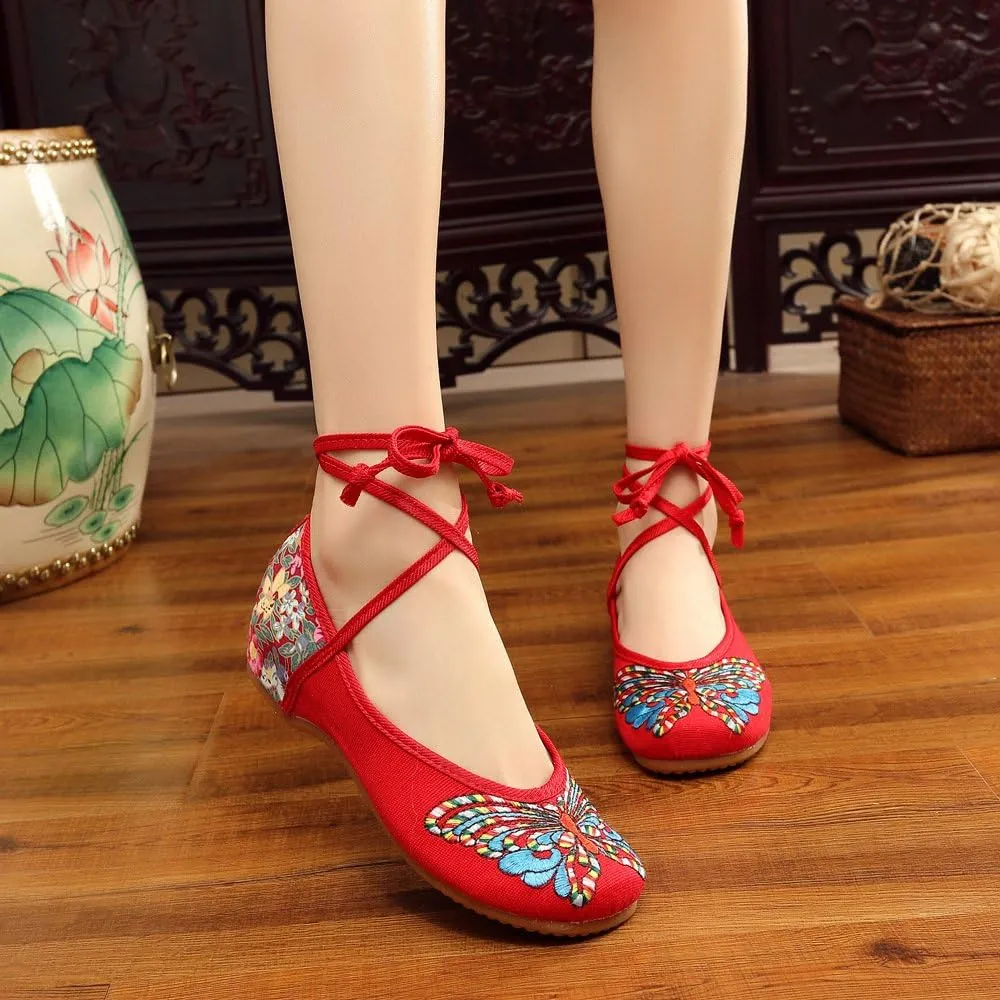 Qhome Women's Fashion Butterfly Embroidery Canvas Shoes Round-Toe Oxford Sole Mary Janes Flats