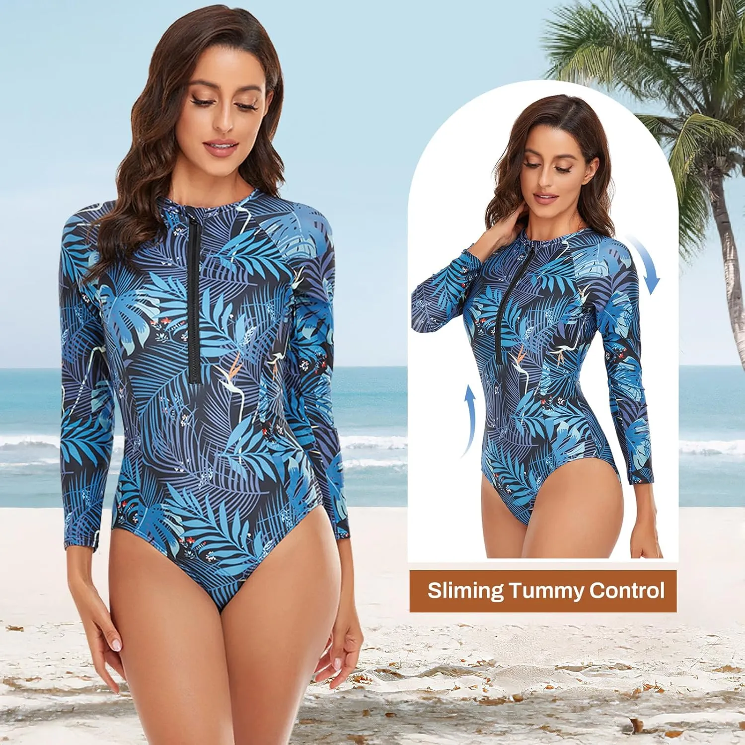 Rash Guard Long Sleeve One Piece Swimsuit for Women Zip Up Bathing Suits Sun Protection Swimwear with Built in Bra