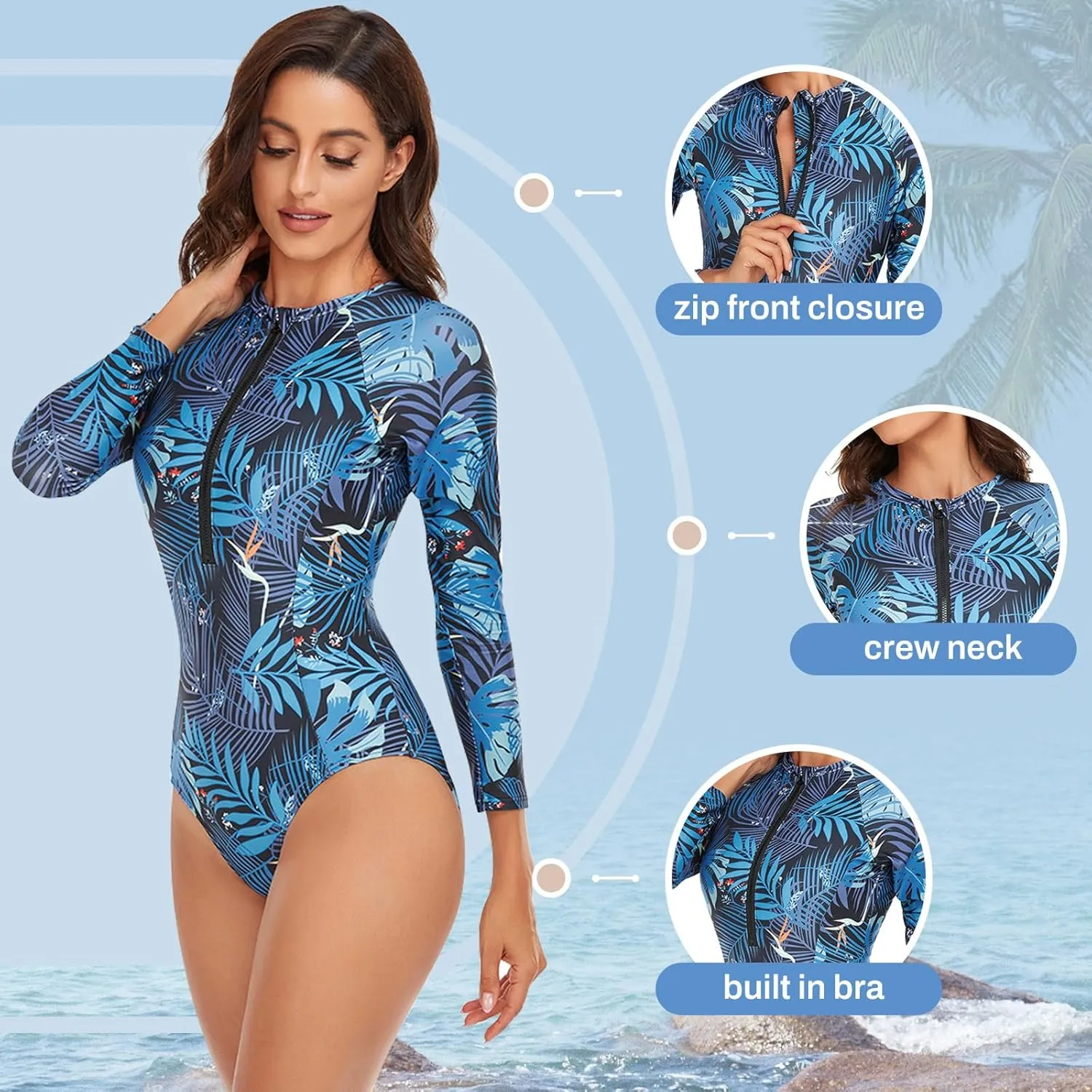 Rash Guard Long Sleeve One Piece Swimsuit for Women Zip Up Bathing Suits Sun Protection Swimwear with Built in Bra