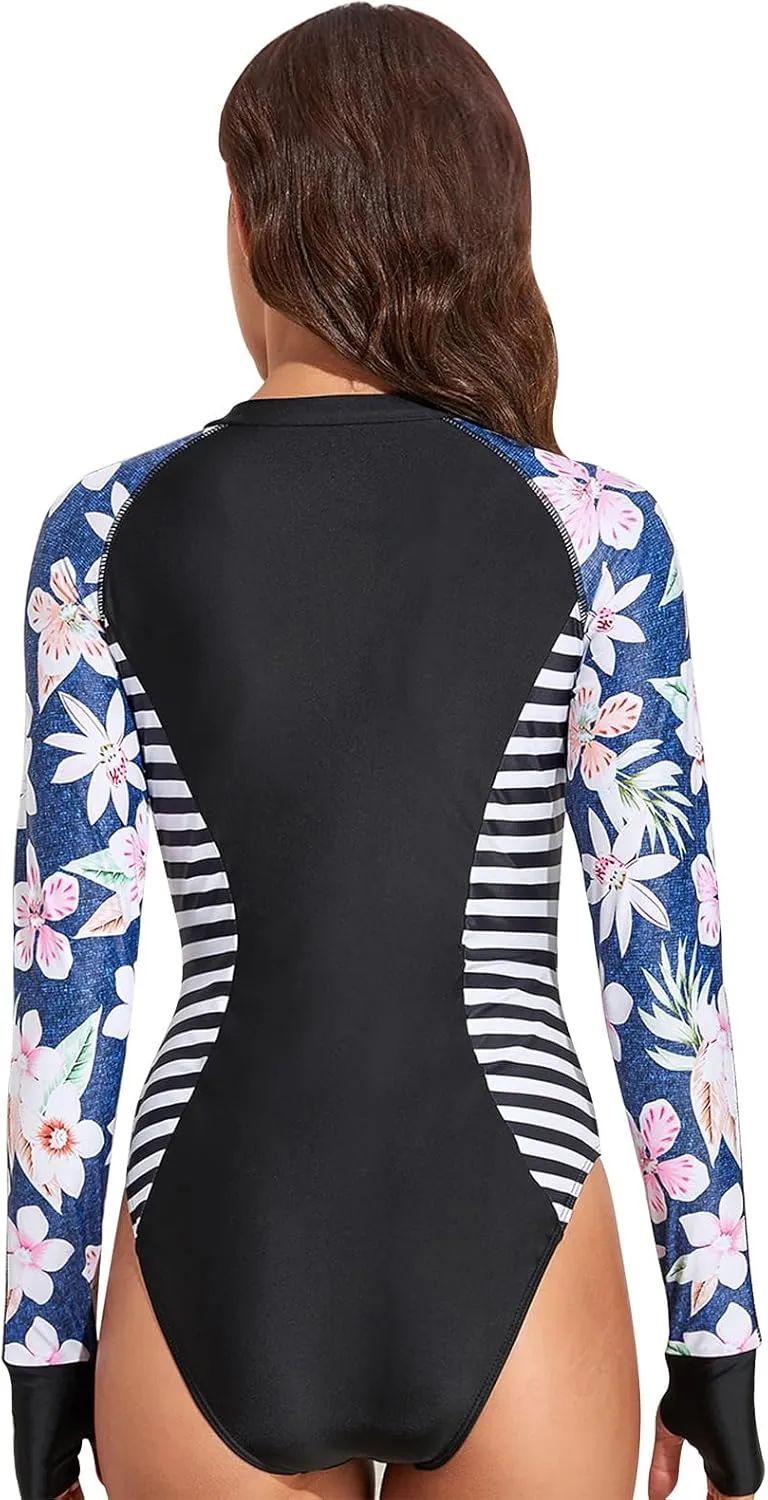 Rash Guard Long Sleeve One Piece Swimsuit for Women Zip Up Bathing Suits Sun Protection Swimwear with Built in Bra