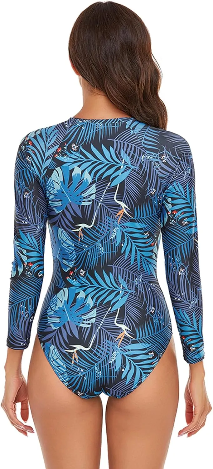 Rash Guard Long Sleeve One Piece Swimsuit for Women Zip Up Bathing Suits Sun Protection Swimwear with Built in Bra